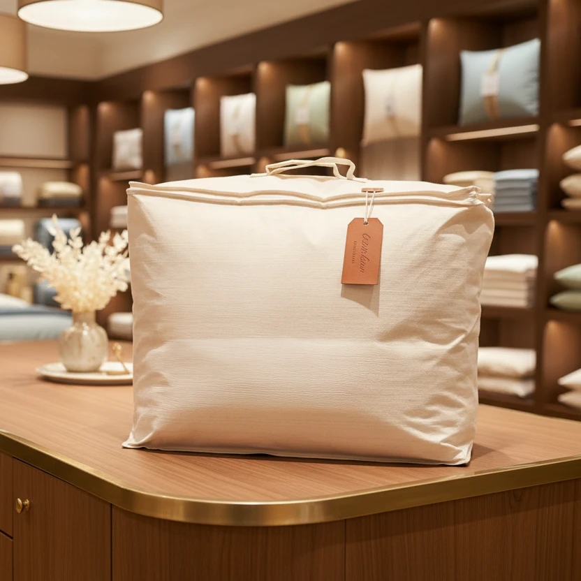emballage pour couette premium en coton dans une boutique literie haut de gamme