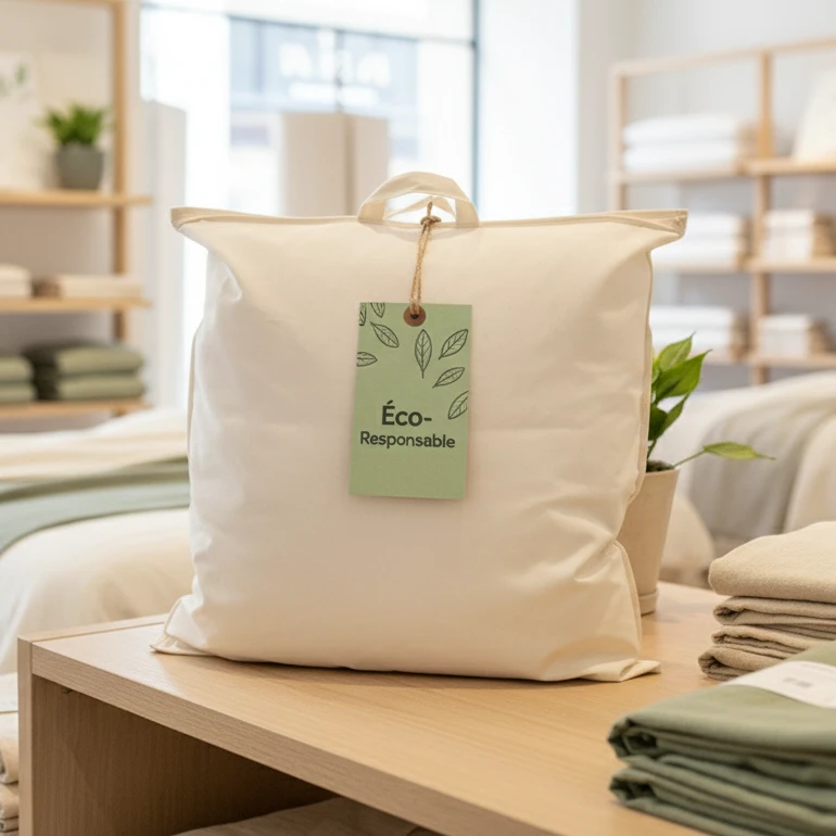 oreiller en coton bion posé sur un comptoir dans une boutique de literie spécialisée