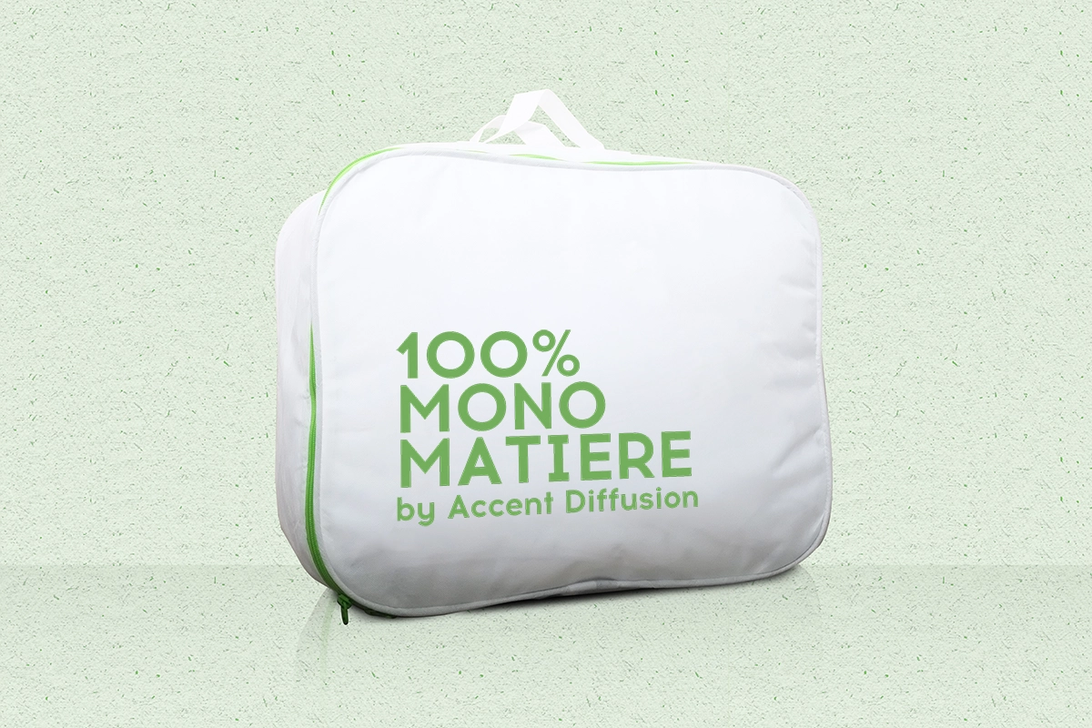 Sac d'emballage à armatures mono-matière blanc et vert entièrement recyclé pour couette