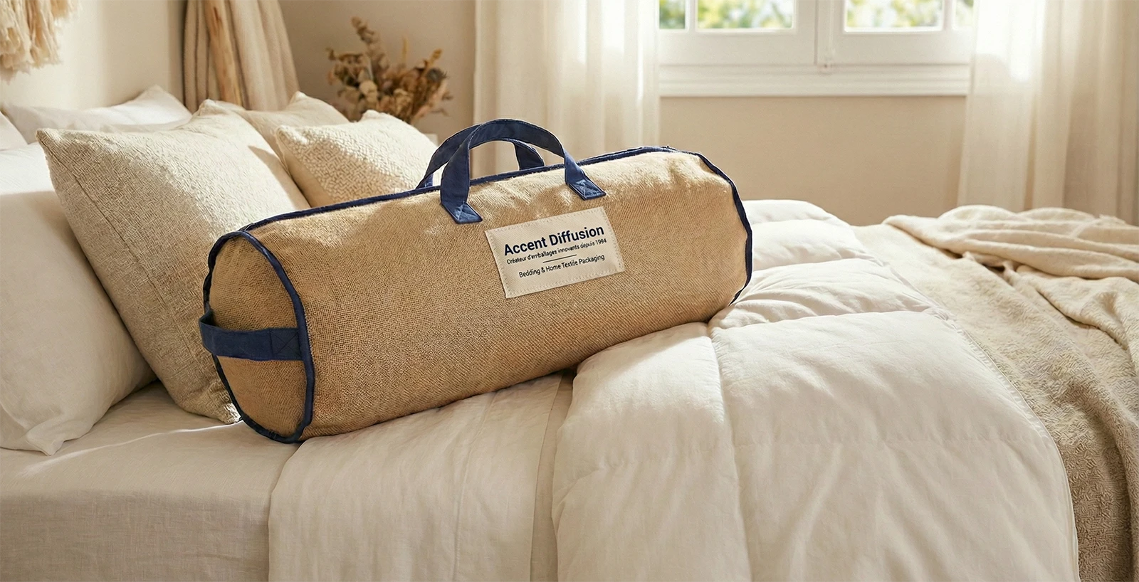 emballage de literie pour couette en format polochon et en matière naturelle posée sur un lit