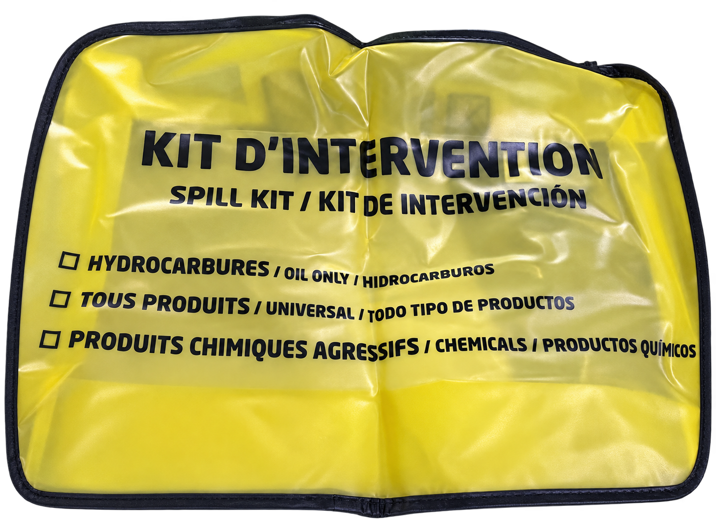 Housse jaune de kit d’intervention antipollution avec marquage multilingue